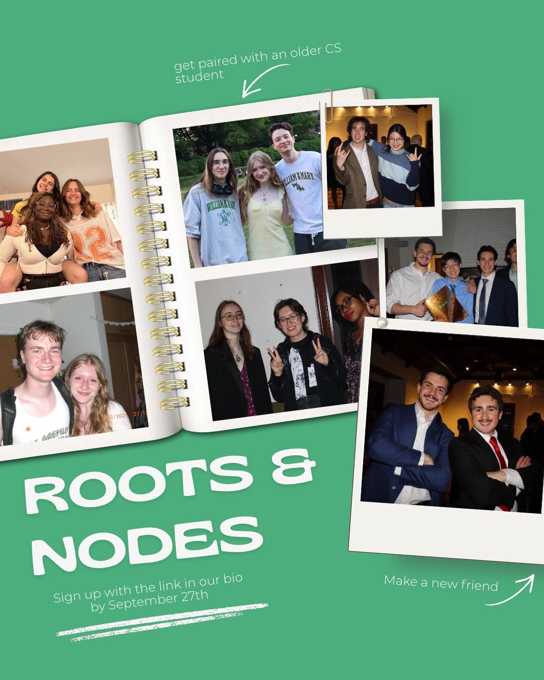 Roots & Nodes flyer: get paired with an older CS student, sign up by September 27th. Opens the sign-up form.